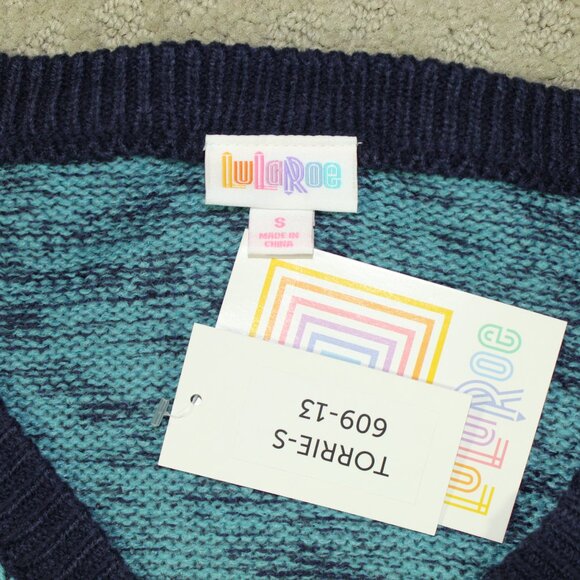 NWT Lu La Roe Sz Small Variegated Blue and Turquois V-Neck 3/4 Sleeve Sweater - Picture 5 of 5